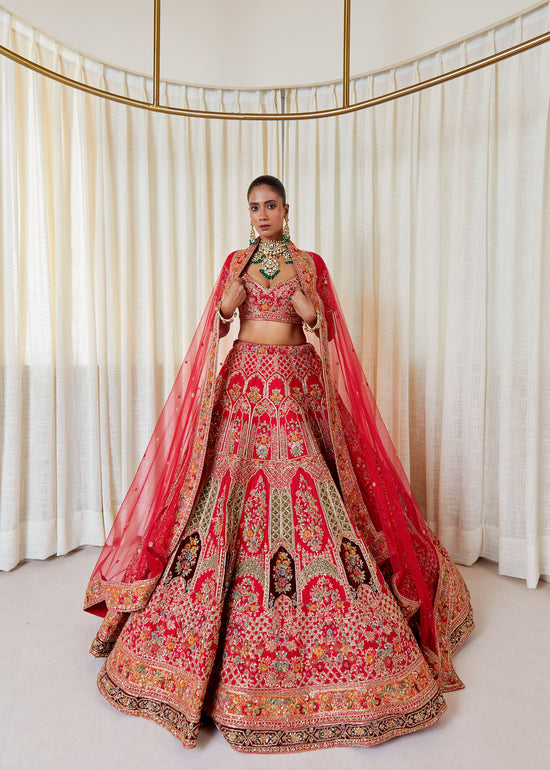 Cherry Wine Raw Silk Zardosi Bridal Lehenga Set