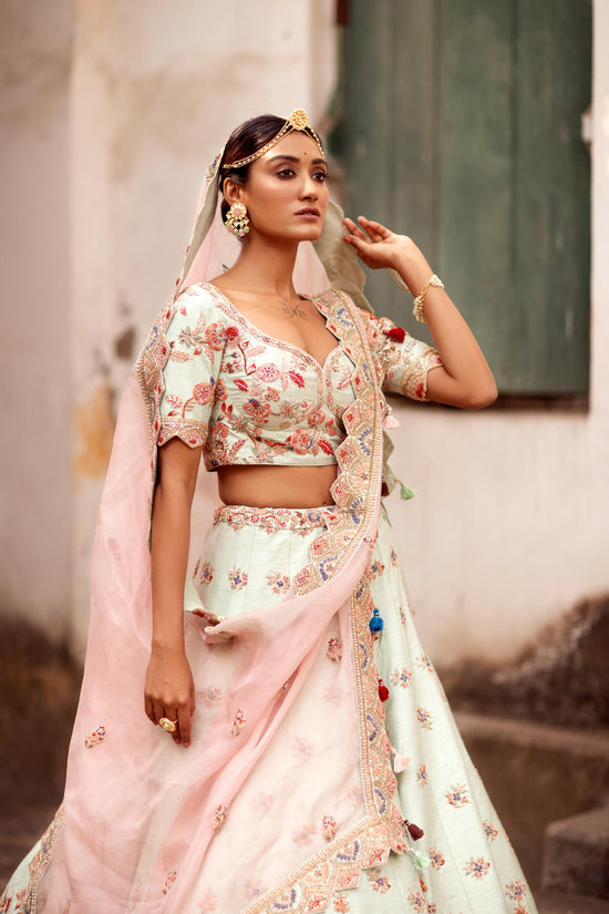 Sea Green Raw Silk lehenga set