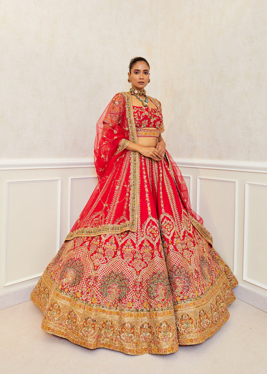 Rosy  Raw Silk Zardosi Bridal Lehenga Set