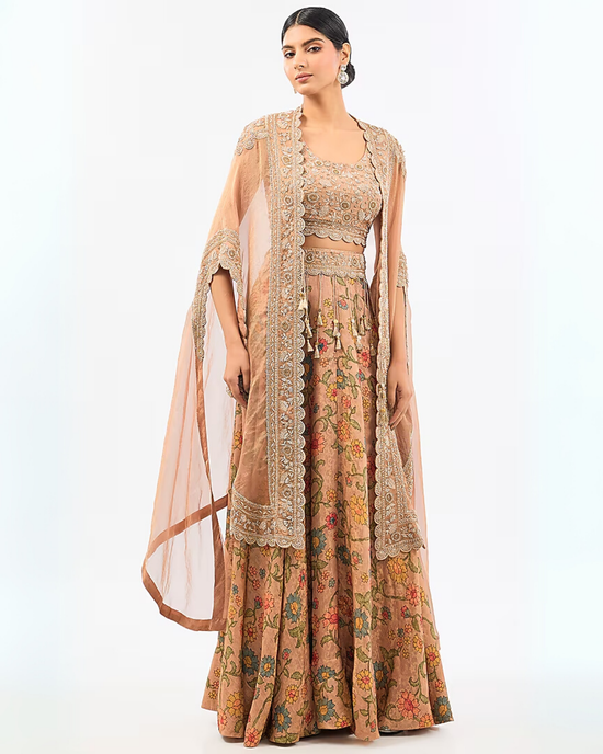 PEACH CHANDERI PRINTED SKIRT SET