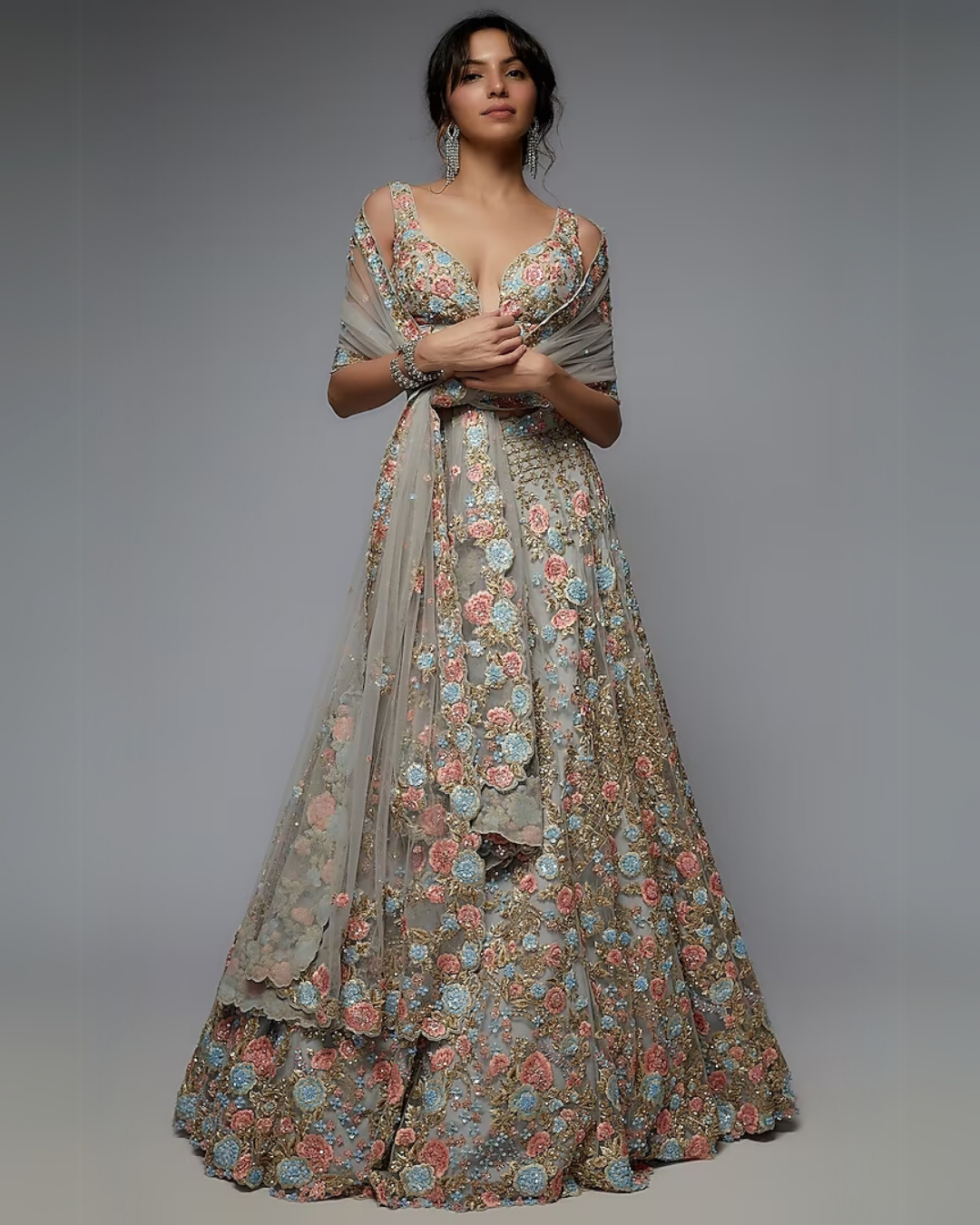 Pastel Blue Organza Embellished Lehenga Set