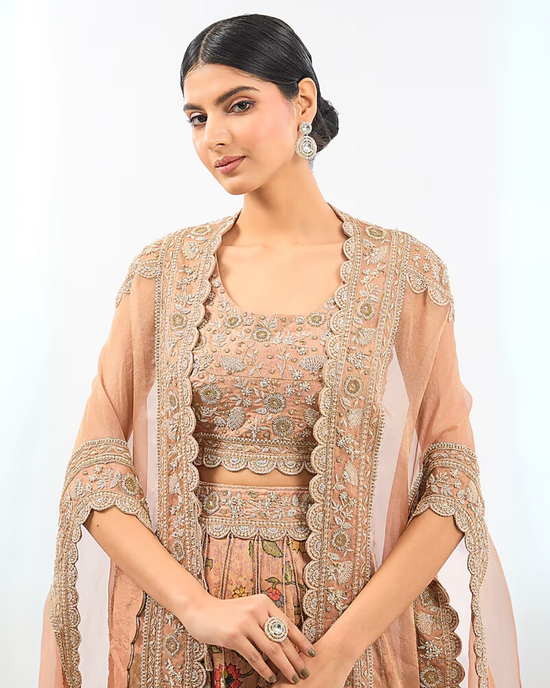 PEACH CHANDERI PRINTED SKIRT SET