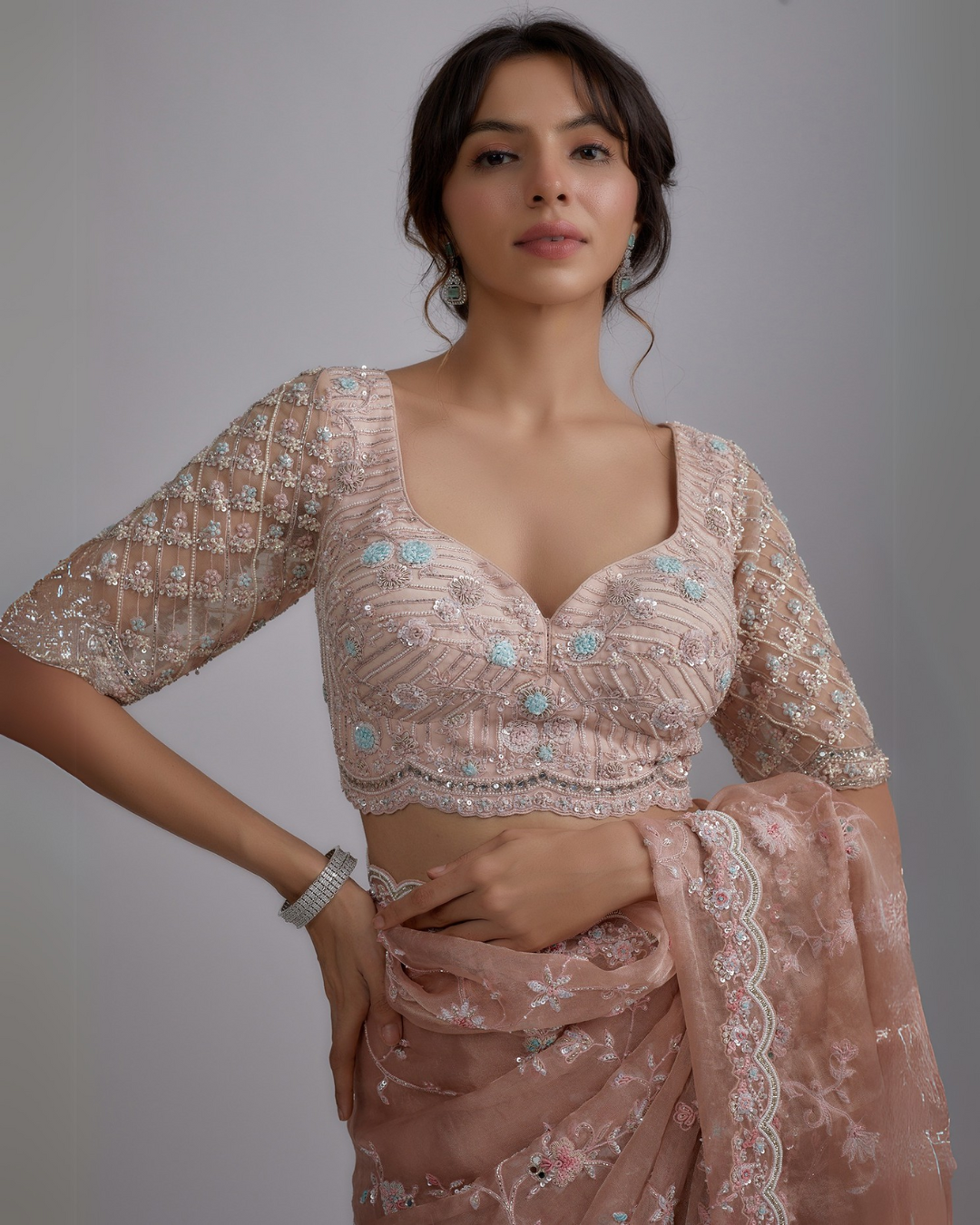 Pink Organza Hand Embroidered Saree