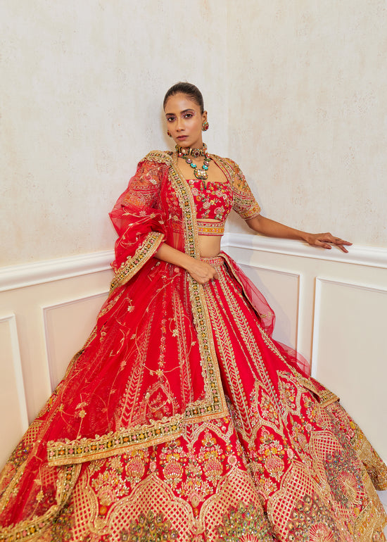 Rosy  Raw Silk Zardosi Bridal Lehenga Set