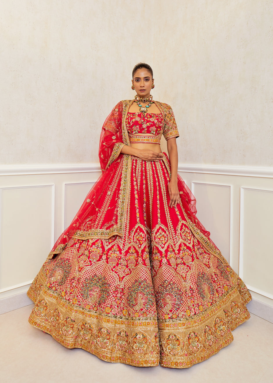 Rosy  Raw Silk Zardosi Bridal Lehenga Set