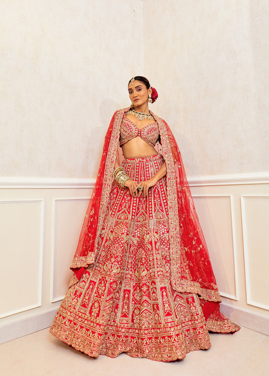 Sizzling Scarlet Raw Silk Zardosi Bridal Lehenga Set