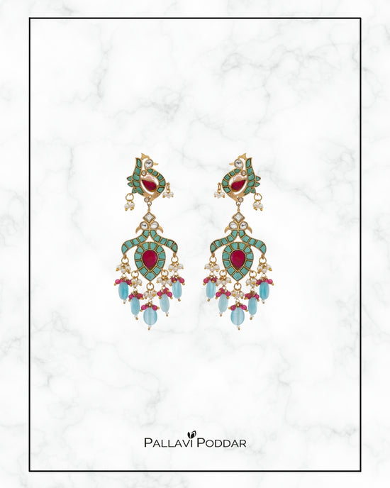 Peacock Grace Enamel Drop Earrings