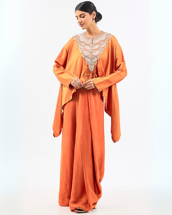 SATIN NECK EMBROIDED TOP WITH DRAPE DHOTI