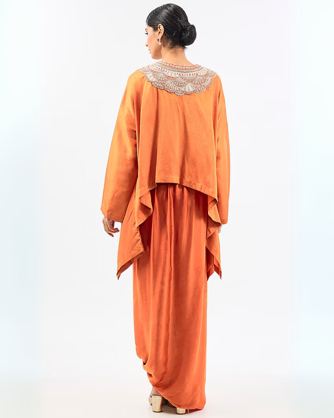 SATIN NECK EMBROIDED TOP WITH DRAPE DHOTI