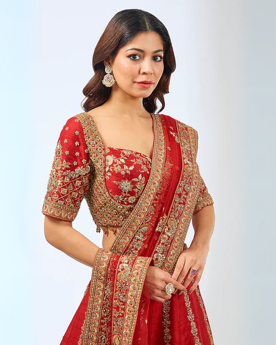 Ruby Jewel Raw Silk Zardosi Bridal Lehenga Set