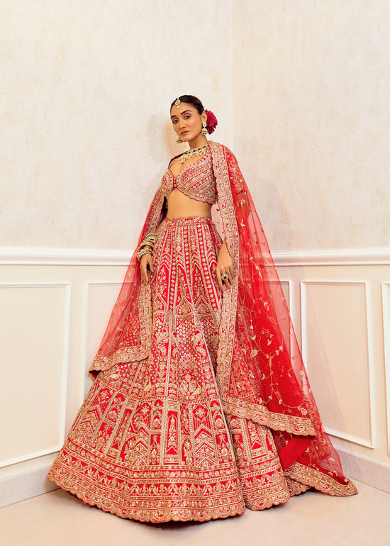 Sizzling Scarlet Raw Silk Zardosi Bridal Lehenga Set