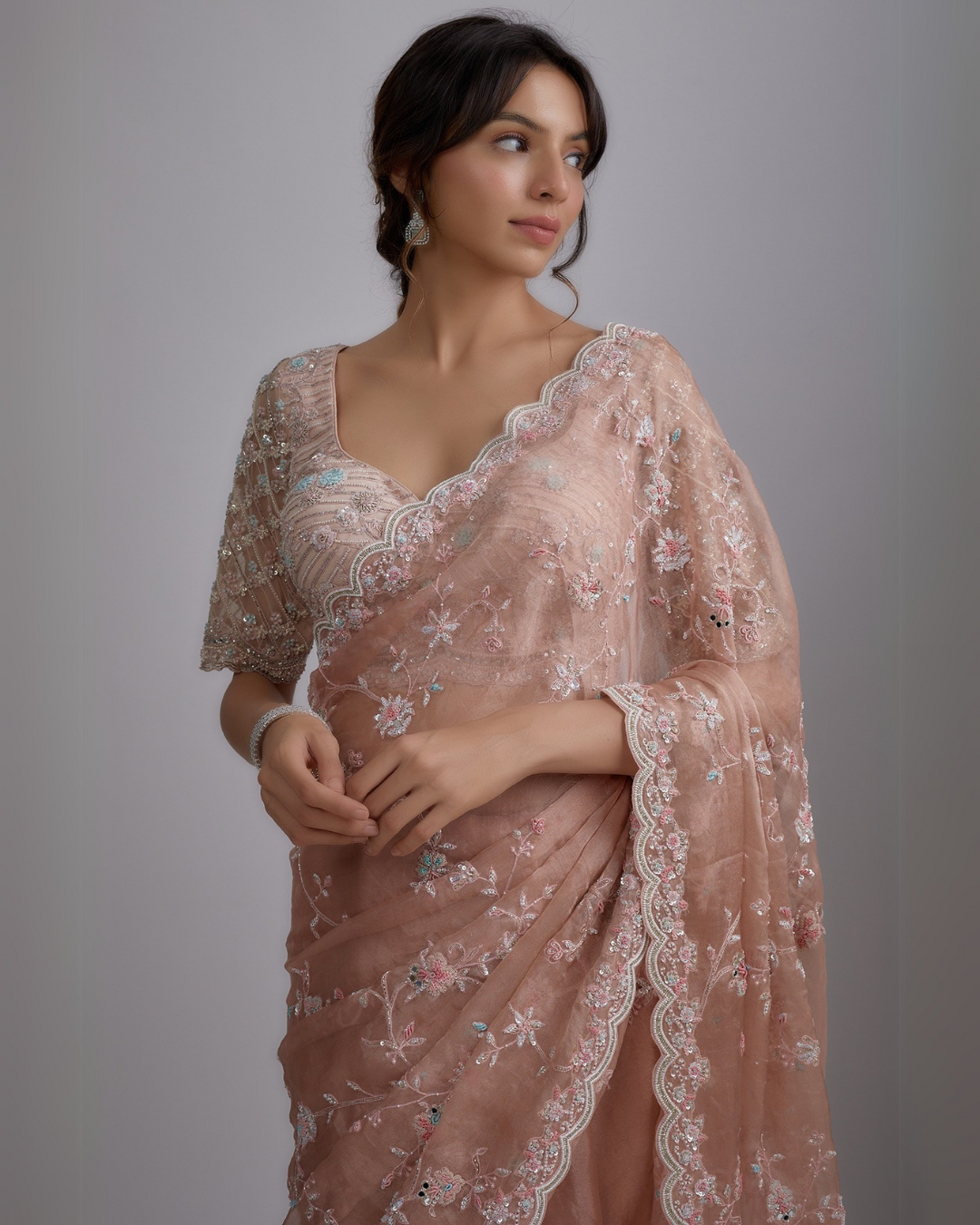 Pink Organza Hand Embroidered Saree