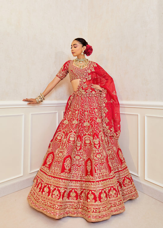 Radiant Ruby Raw Silk Zardosi Bridal Lehenga Set
