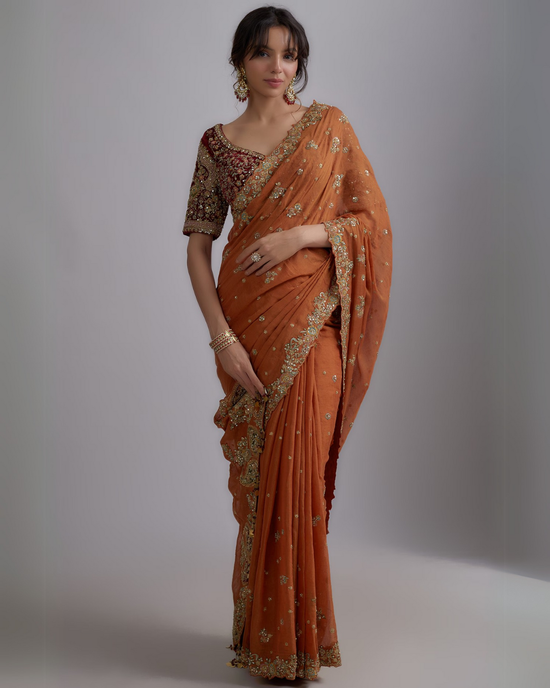 Rust Chanderi Tissue Embroidered Saree
