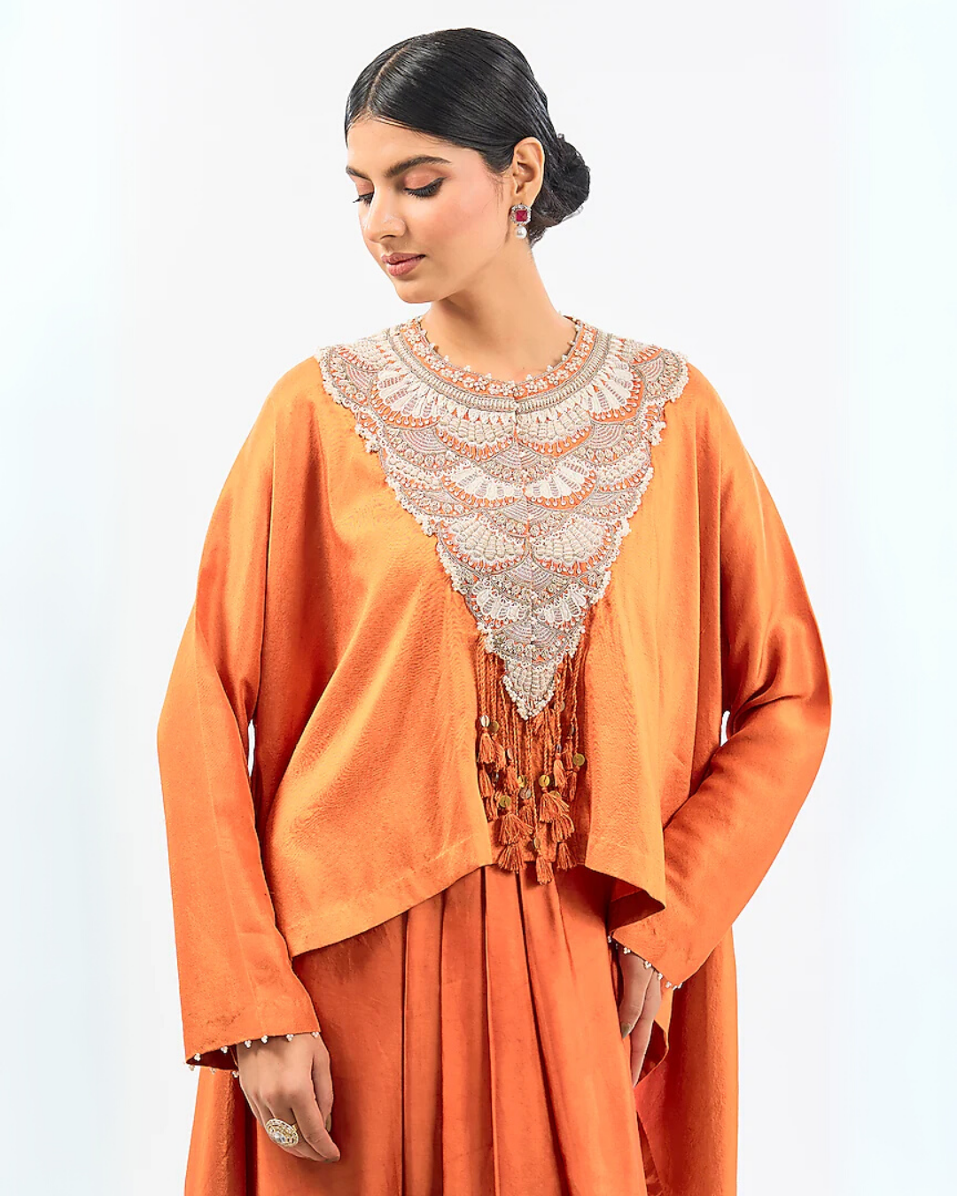 SATIN NECK EMBROIDED TOP WITH DRAPE DHOTI