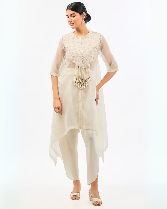 IVORY NECK WORK ORGANZA PANT SET