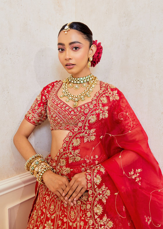 Radiant Ruby Raw Silk Zardosi Bridal Lehenga Set