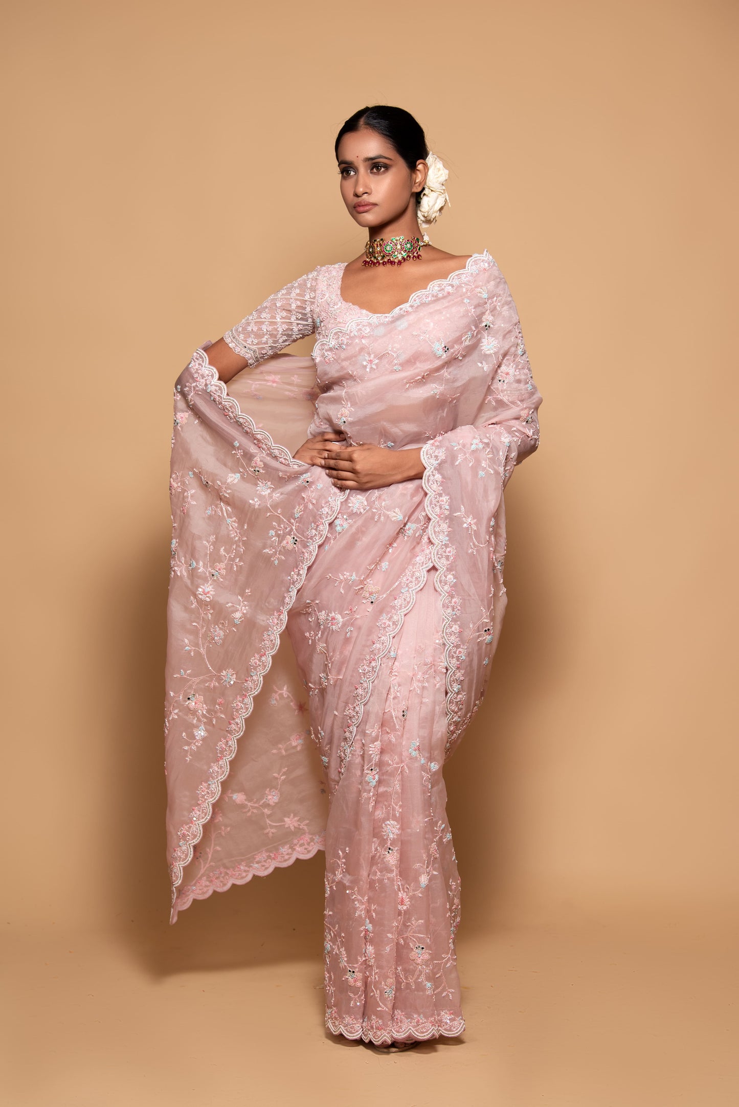 Pink Organza Hand Woven Embroidered Saree