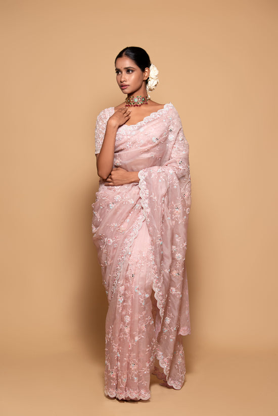 Pink Organza Hand Woven Embroidered Saree