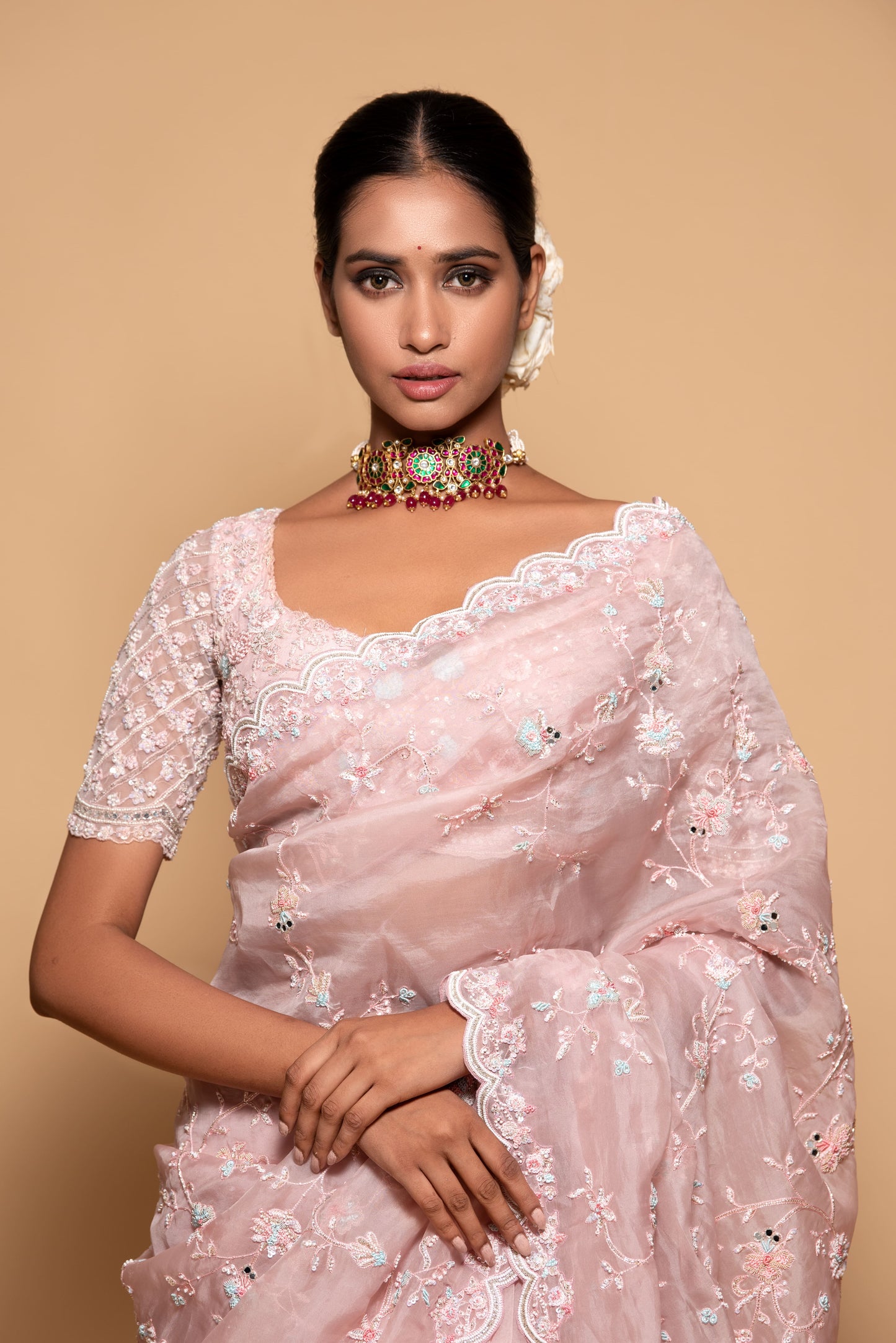 Pink Organza Hand Woven Embroidered Saree