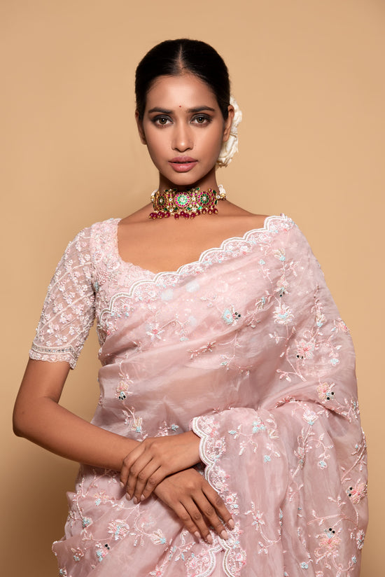 Pink Organza Hand Woven Embroidered Saree