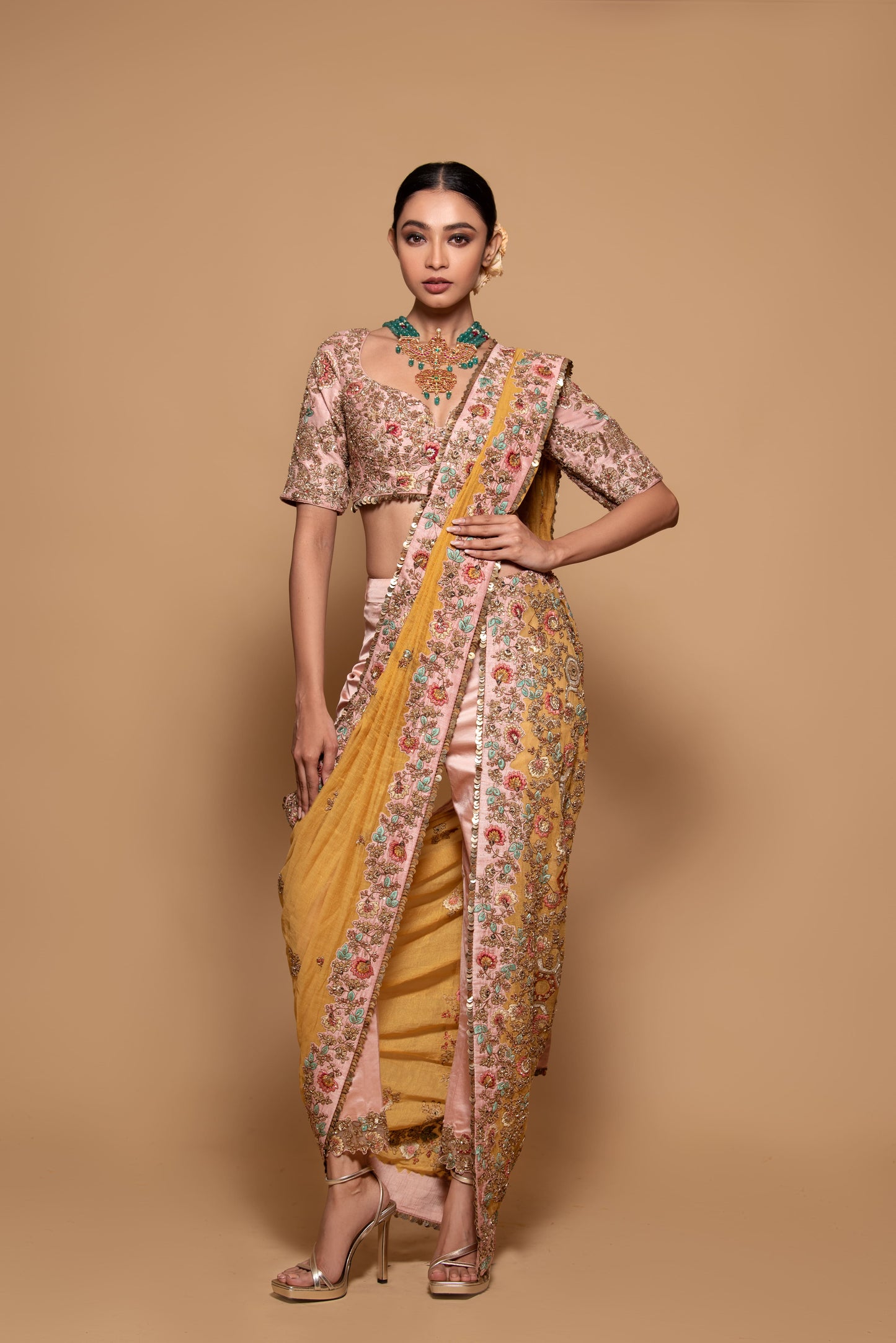 Mustard & Pink Tissue Embroidered Pre-Draped Pant Saree