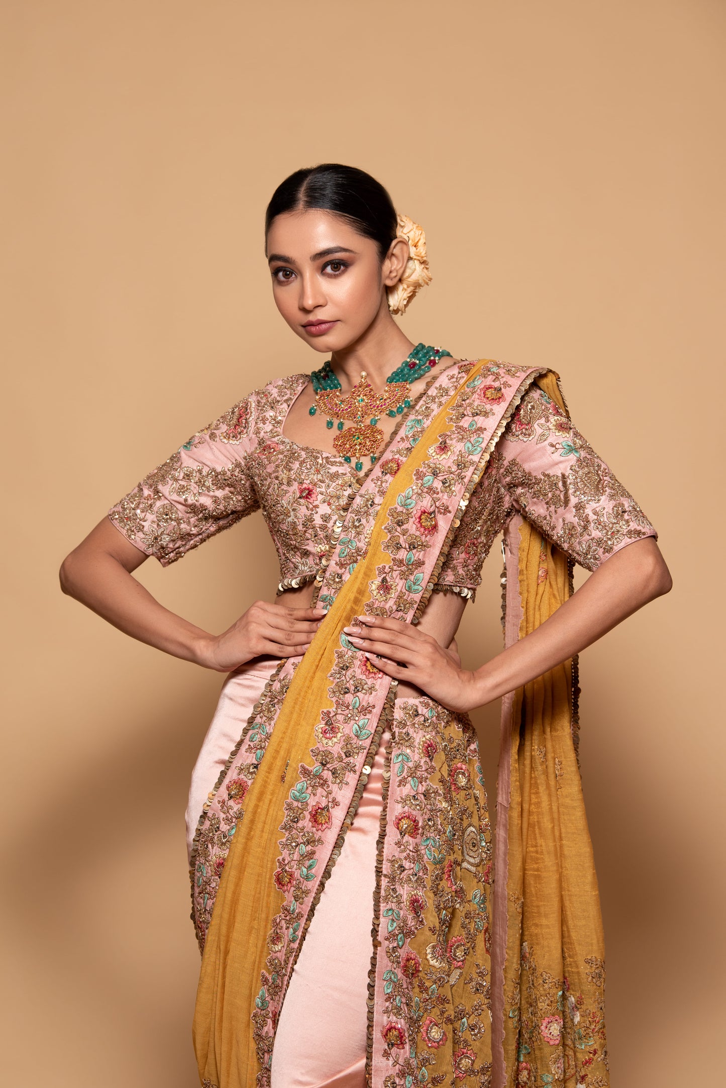 Mustard & Pink Tissue Embroidered Pre-Draped Pant Saree