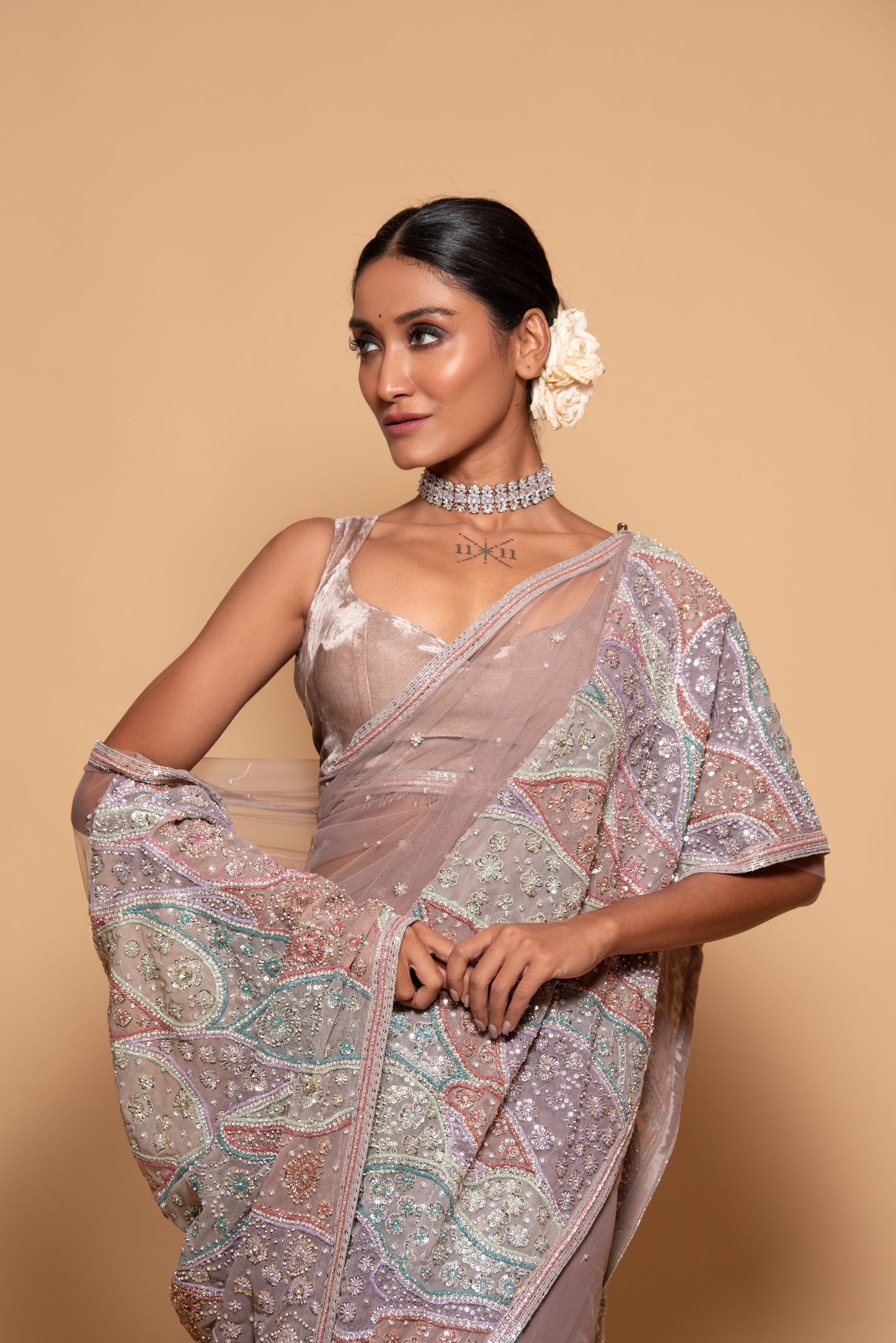 Lavender Tulle Embroidered Saree