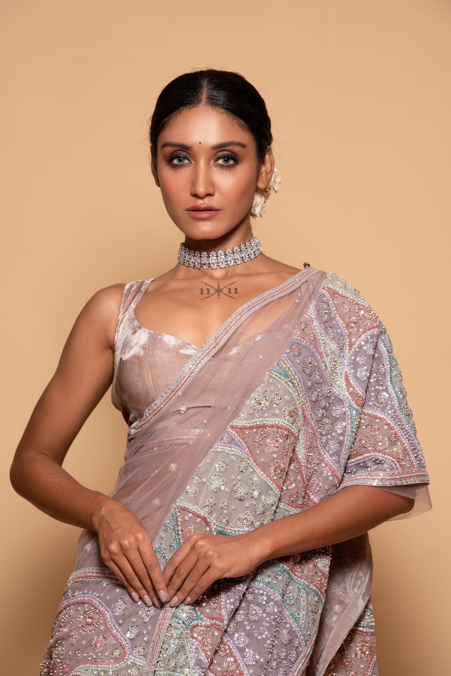 Lavender Tulle Embroidered Saree