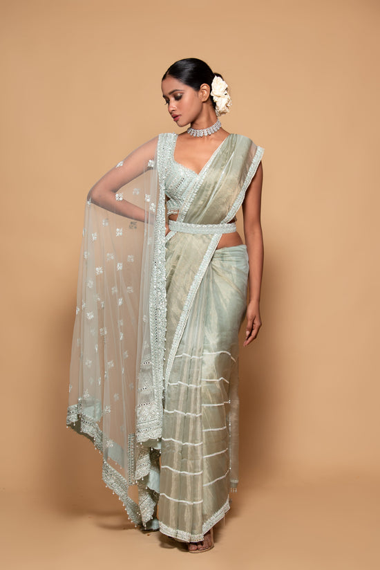Mint Green Tissue Embroidered Saree