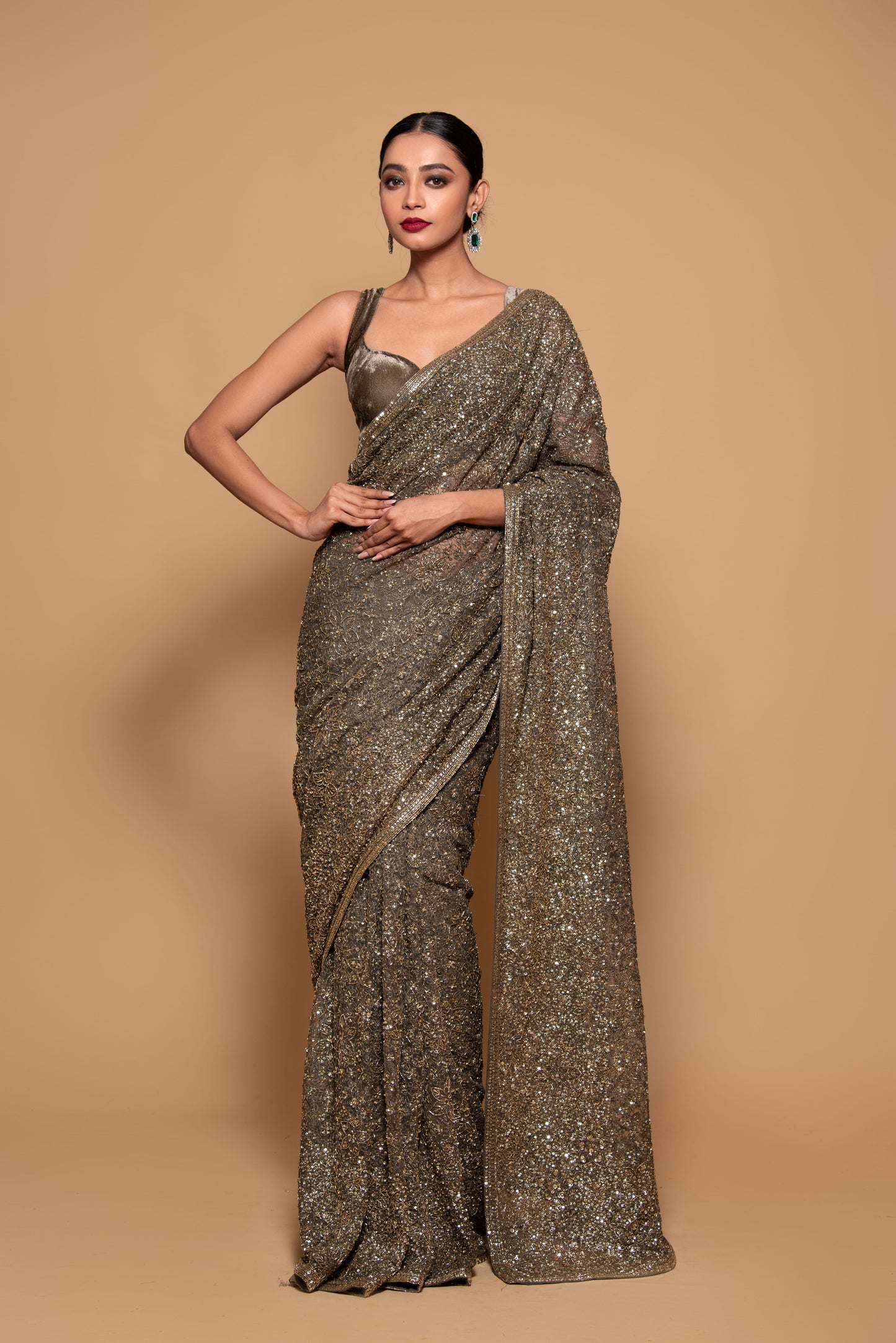 Olive Green Net Sequins & Thread Embellished Saree