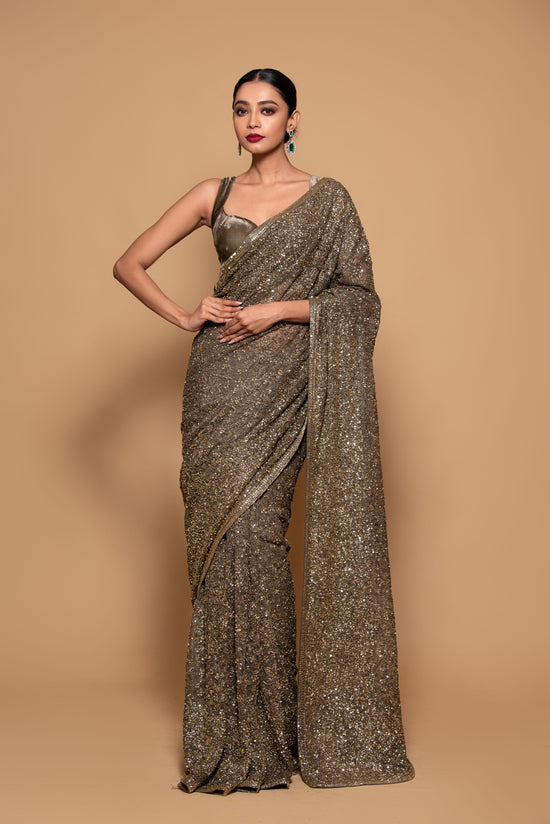 Olive Green Net Sequins & Thread Embellished Saree
