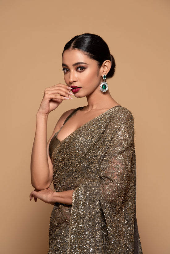 Olive Green Net Sequins & Thread Embellished Saree