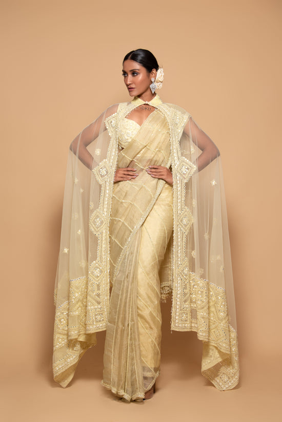Pastel Yellow Tissue & Net Mirror Embroidered Jacket Saree
