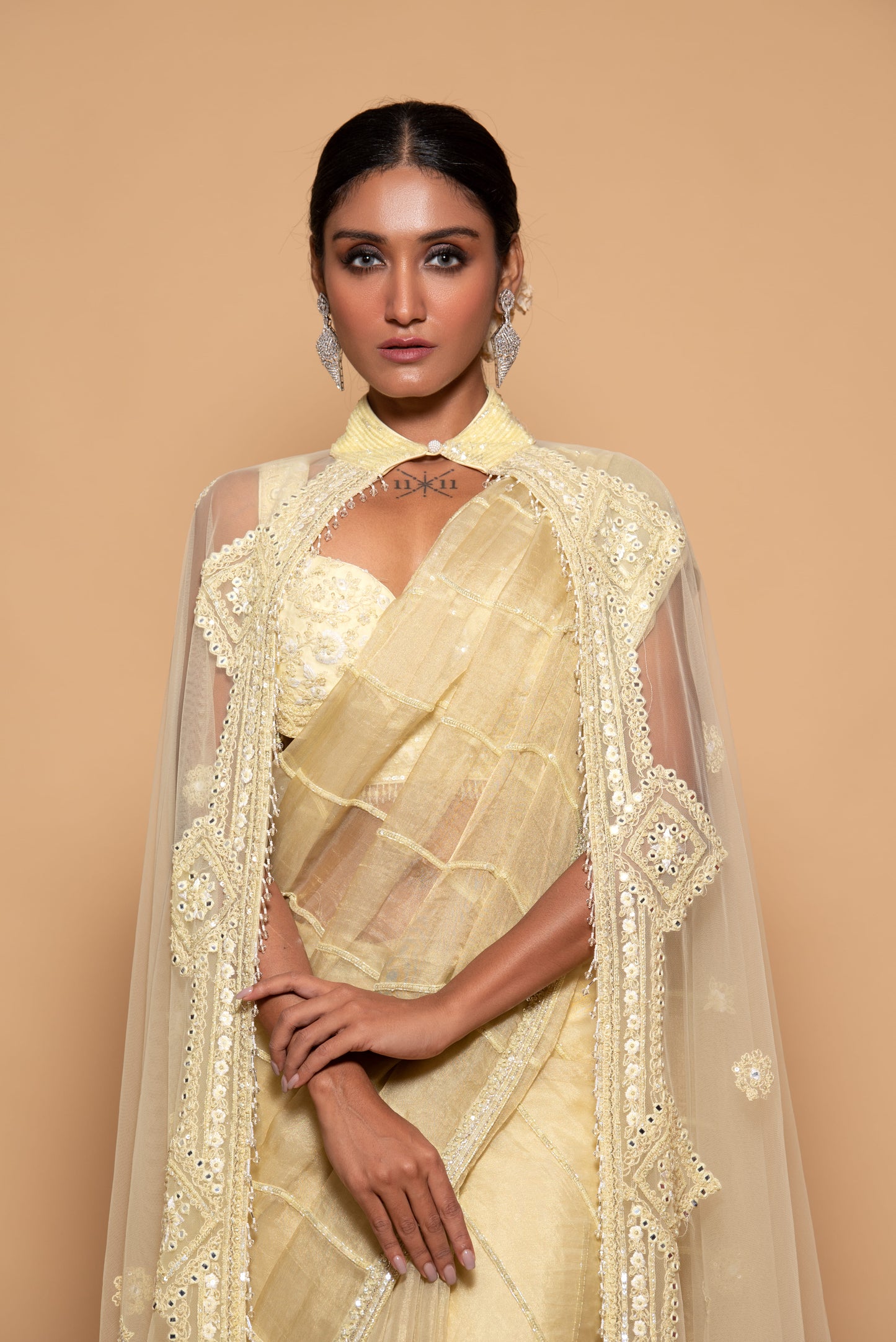 Pastel Yellow Tissue & Net Mirror Embroidered Jacket Saree