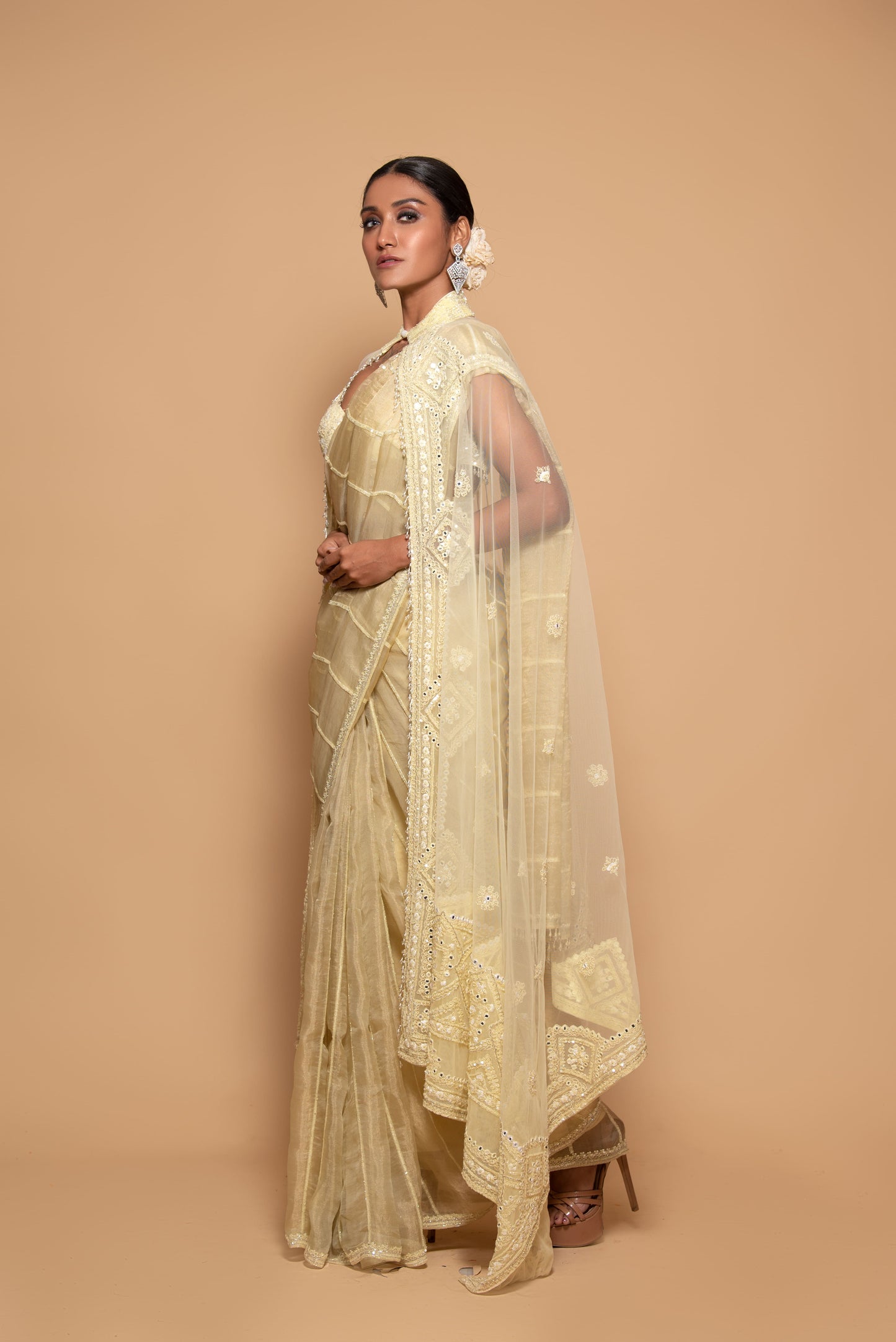 Pastel Yellow Tissue & Net Mirror Embroidered Jacket Saree