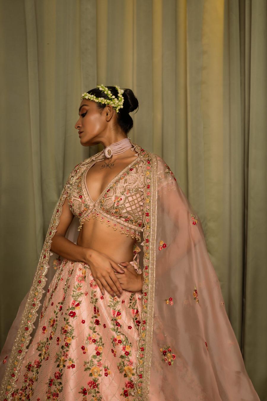 Pink Raw Silk Resham Embellished Lehenga Set