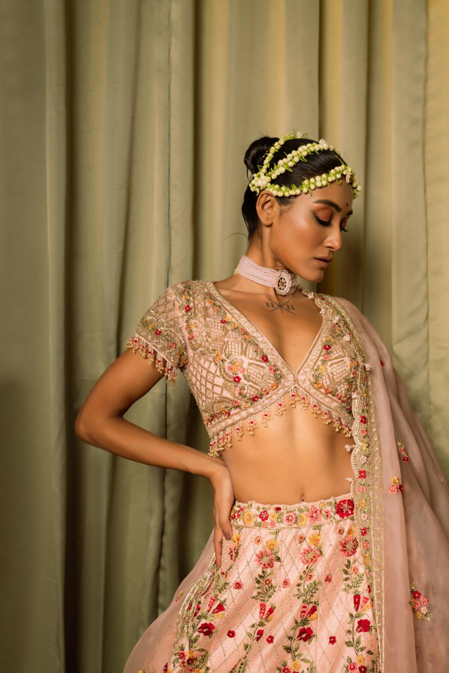 Pink Raw Silk Resham Embellished Lehenga Set