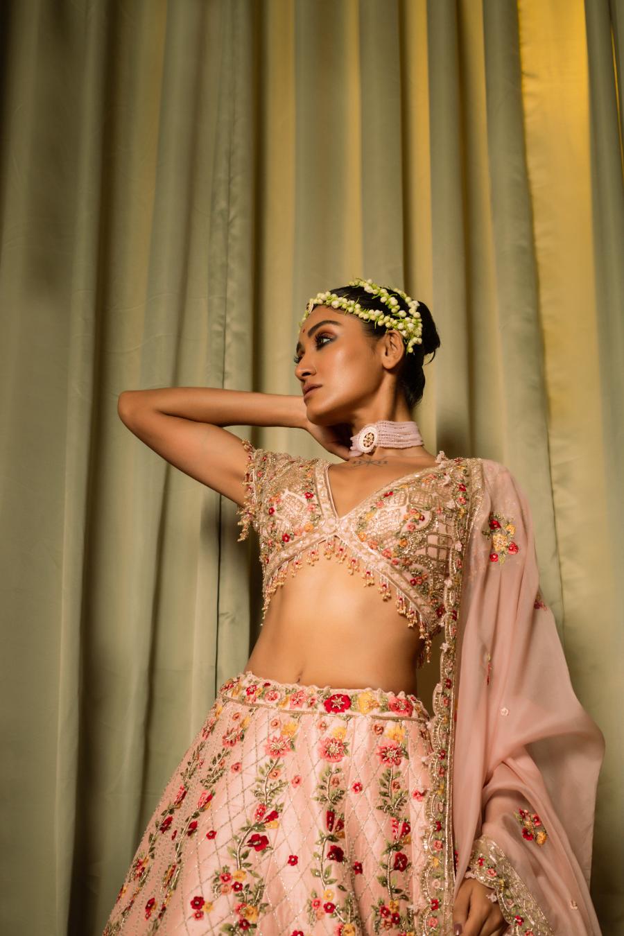 Pink Raw Silk Resham Embellished Lehenga Set