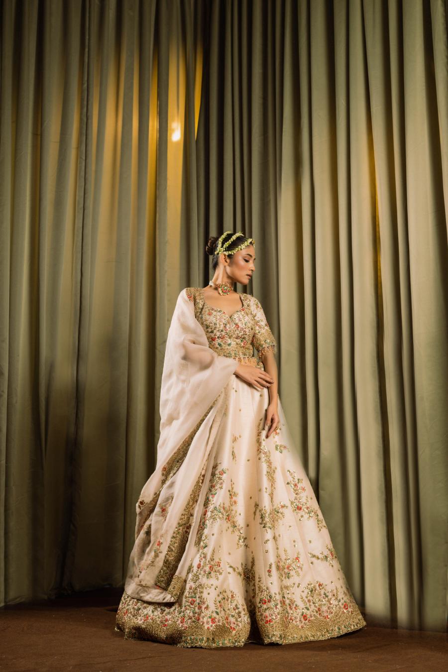 Ivory Raw Silk Resham Work Lehenga Set