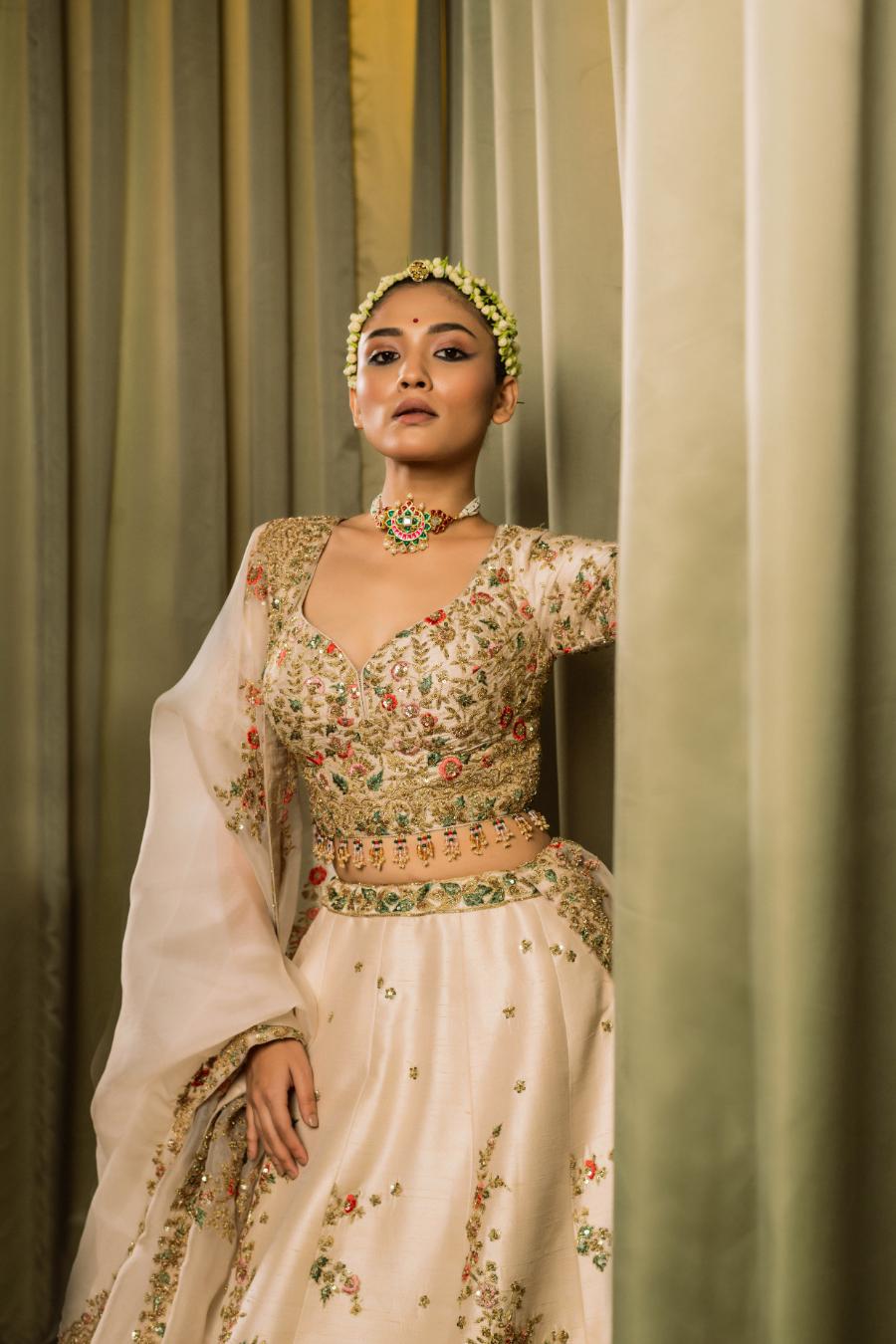 Ivory Raw Silk Resham Work Lehenga Set