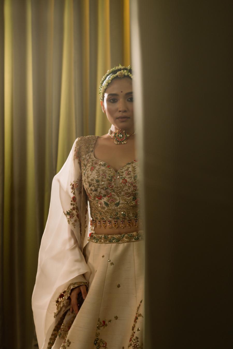 Ivory Raw Silk Resham Work Lehenga Set