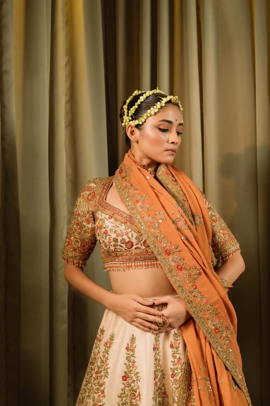 Ivory Raw Silk Cutdana Work Lehenga Set