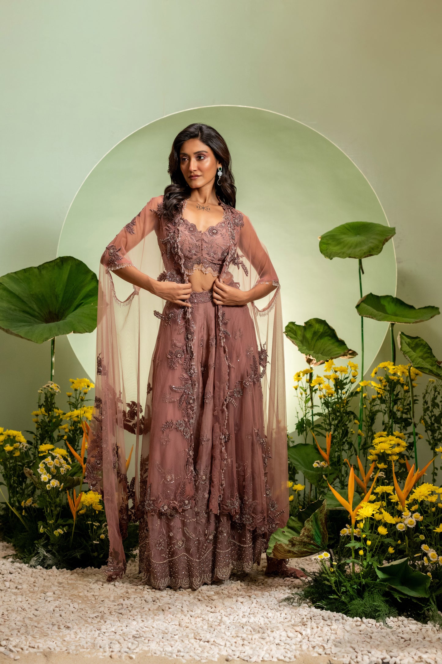 Pink Embroidered Skirt Set with Cape