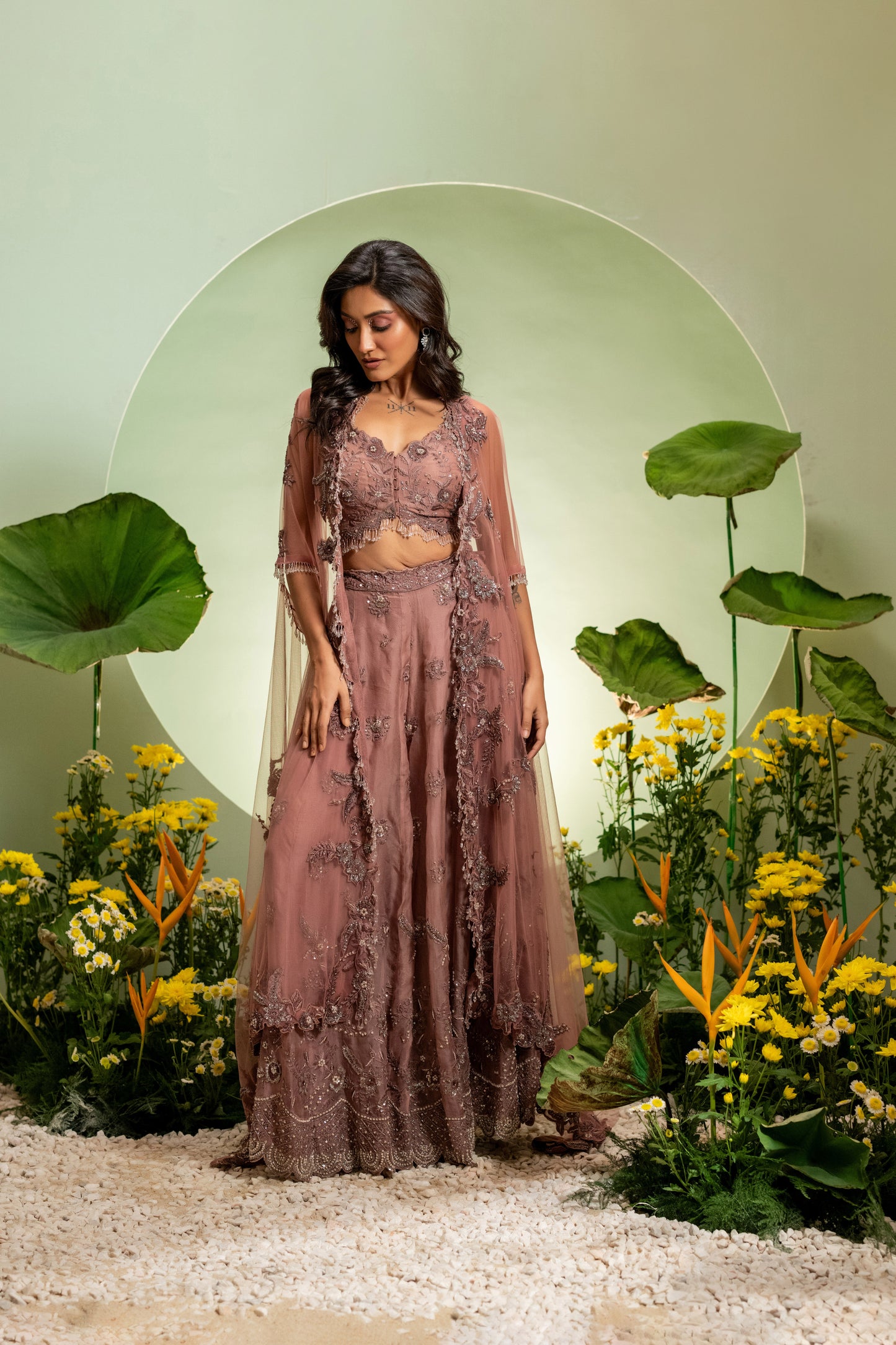 Pink Embroidered Skirt Set with Cape