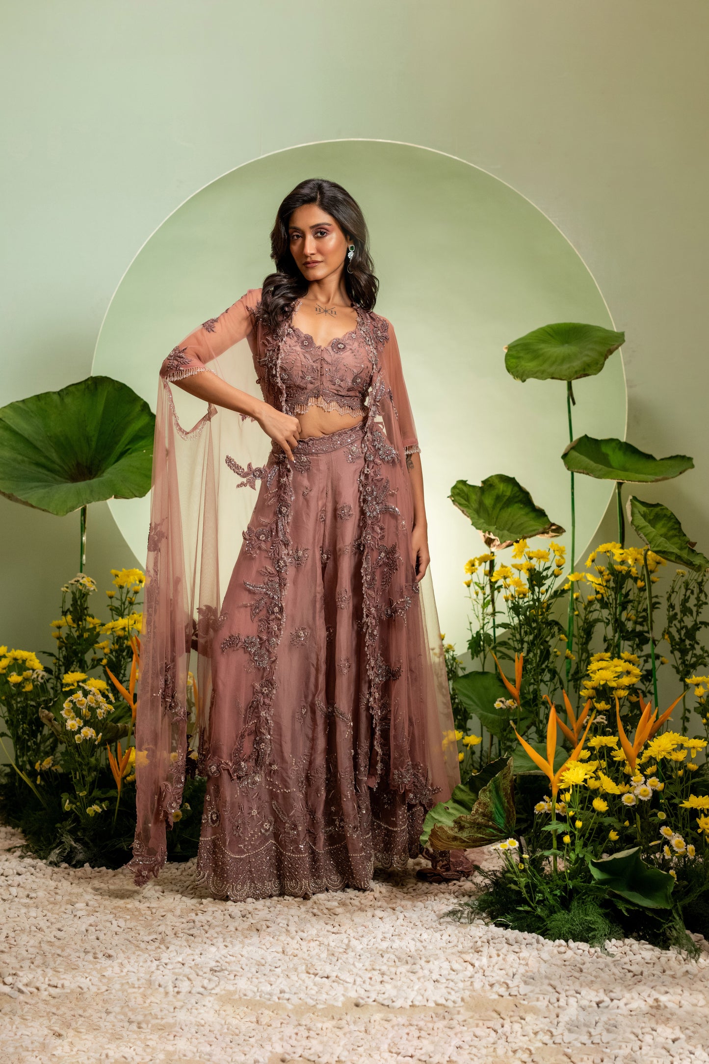 Pink Embroidered Skirt Set with Cape