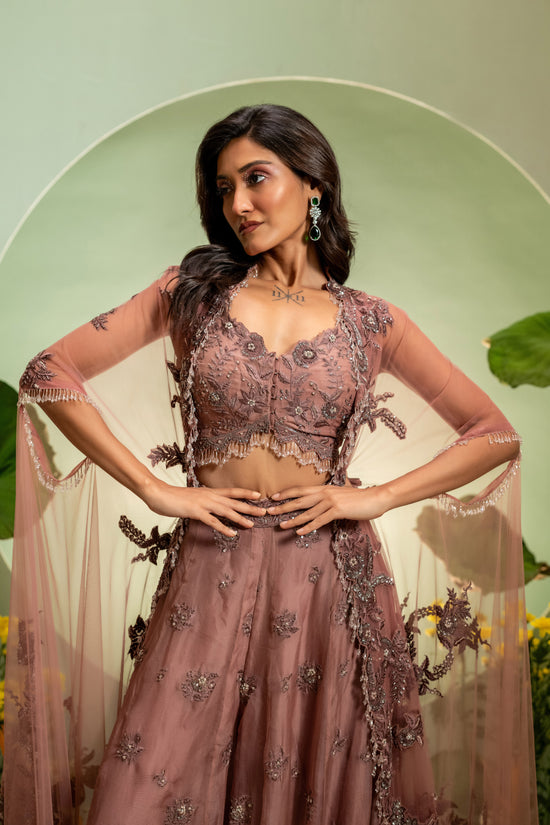 Pink Embroidered Skirt Set with Cape