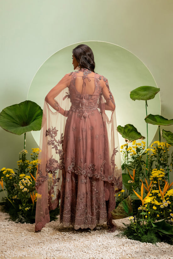 Pink Embroidered Skirt Set with Cape