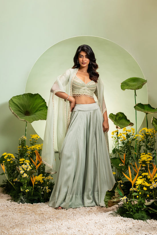 Green Embroidered Blouse & Satin Skirt Set with Cape Dupatta