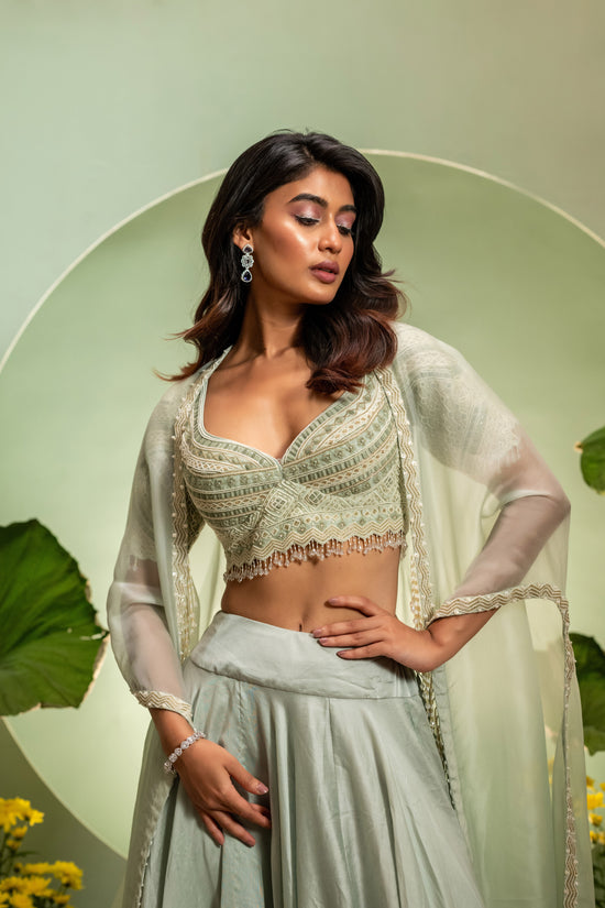 Green Embroidered Blouse & Satin Skirt Set with Cape Dupatta